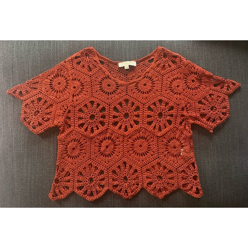 Rust Orange Crochet Short-Sleeve Beachy Boho Fall Whimsical Top